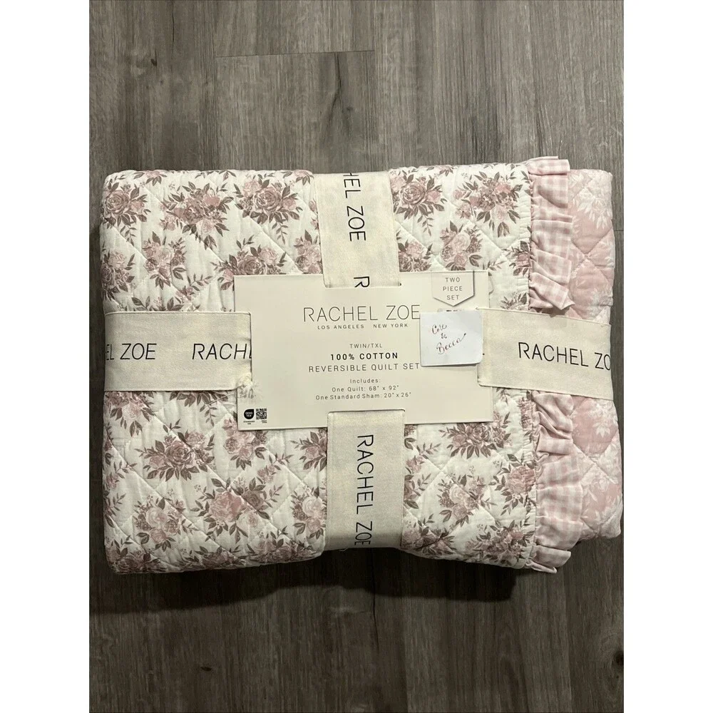 Rachel Zoe TWIN XL Floral Cotton Reversible Quilt Set Ruffles Pink Gingham New